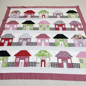 Handmade Picket Fence Cottages Cotton Fabric Patchwork quilt top/topper 86x86”